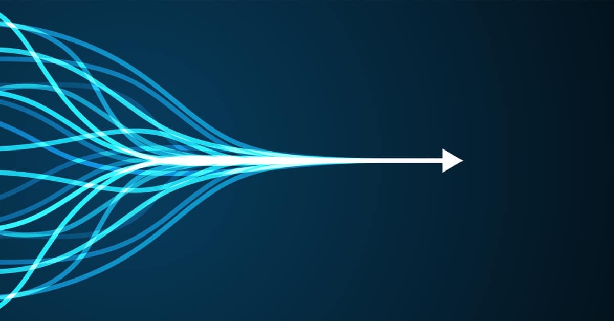 Abstract picture of different lines coming together to form an arrow -- as a symbol for when IoT works rights.