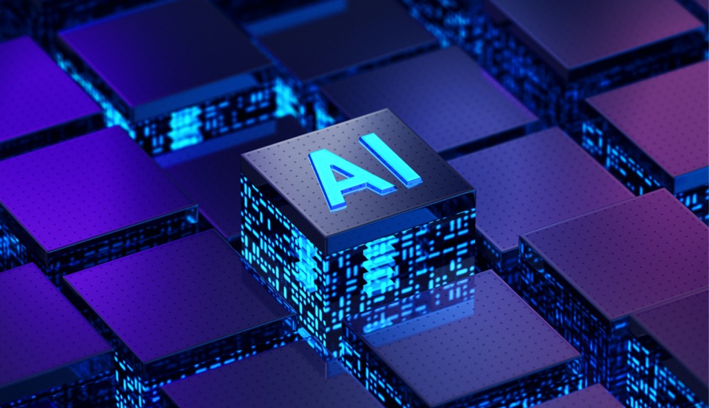 A building with 'AI' on it is taller than the rest.