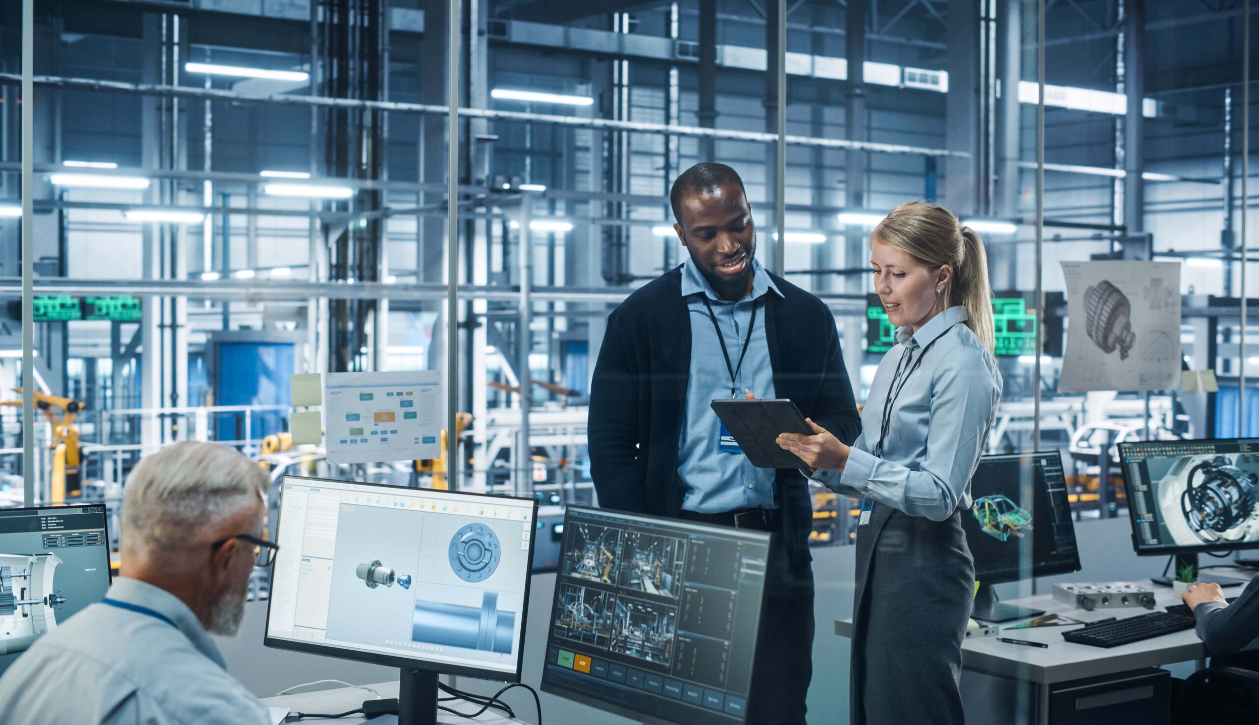 Factory workers monitoring artificial intelligence systems for Industry 4.0discussion over a laptop.