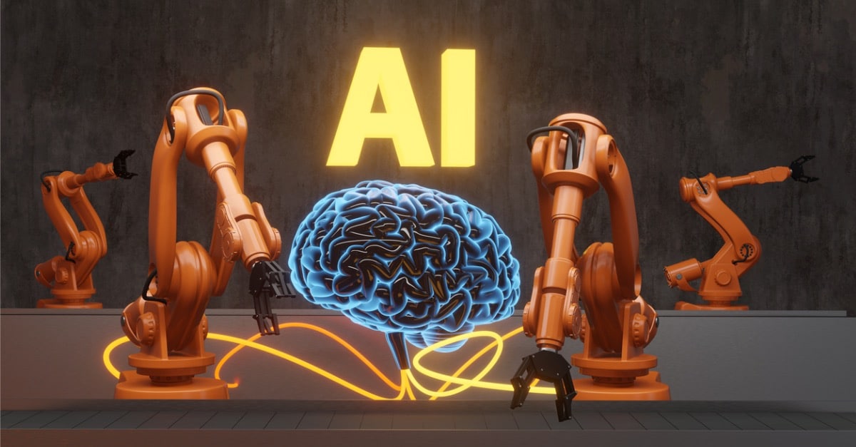 Illustration of humans and AI working together to optimize manufacturing