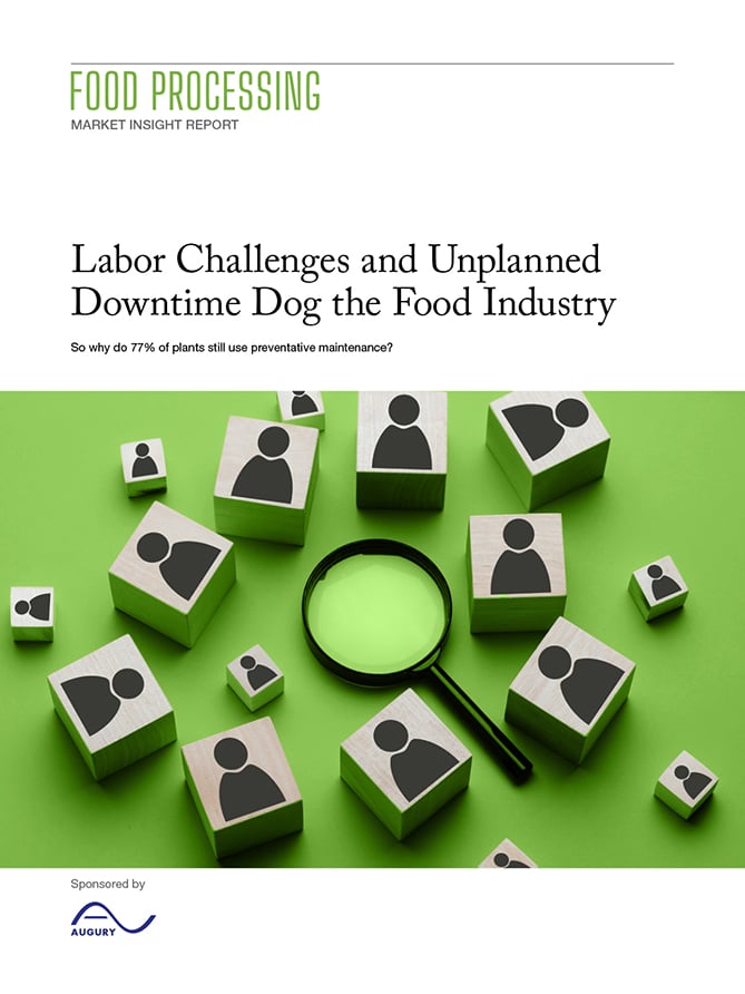 Cover page of a market insight report titled "Unplanned Downtime and Labor Challenges Dog the Food Industry," sponsored by Augury. The page features a magnifying glass over cubes with human icons.