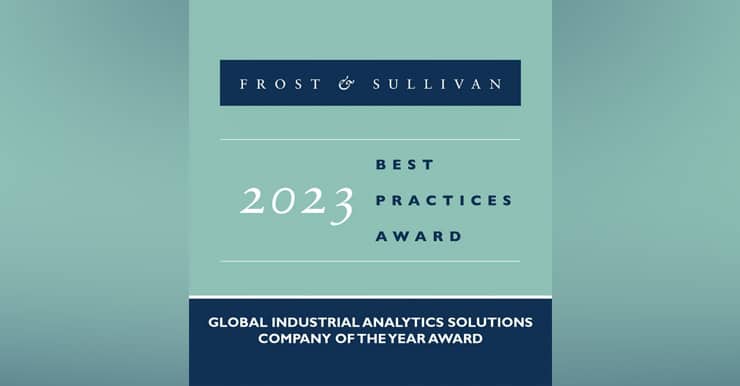 Image of an award certificate with text: "Frost & Sullivan 2023 Best Practices Award, Global Industrial Analytics Solutions Company of the Year Award, recognizing Augury for its AI-driven solutions in machine health.