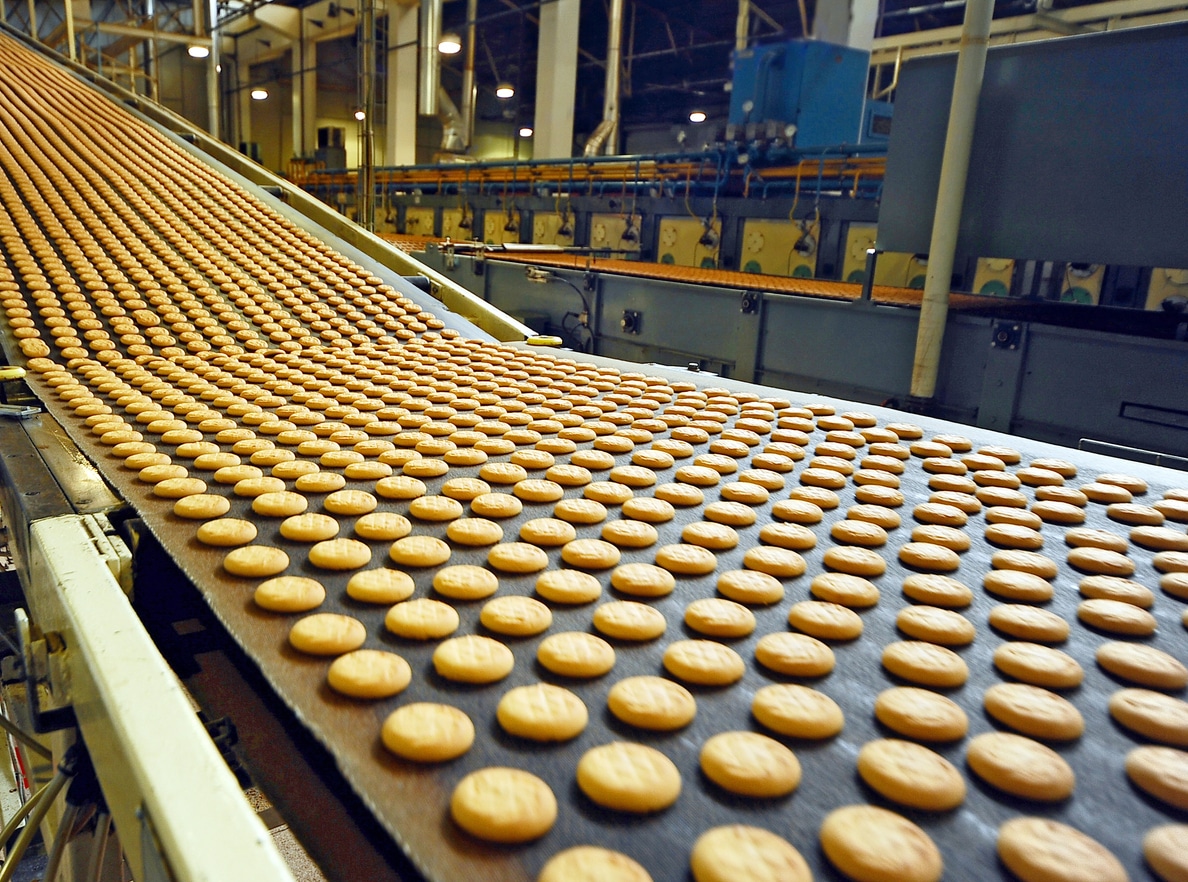 Rows of cookies move along a conveyor belt in this large-scale food & beverage production facility, efficiently fast-tracked by AI technology.