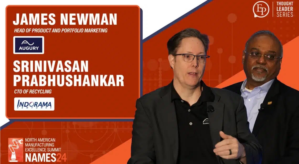 A red and white conference slide featuring James Newman and Srinivasan Prabhushankar with titles and company logos, discussing Purpose-Built AI at the North American Manufacturing Excellence Summit.