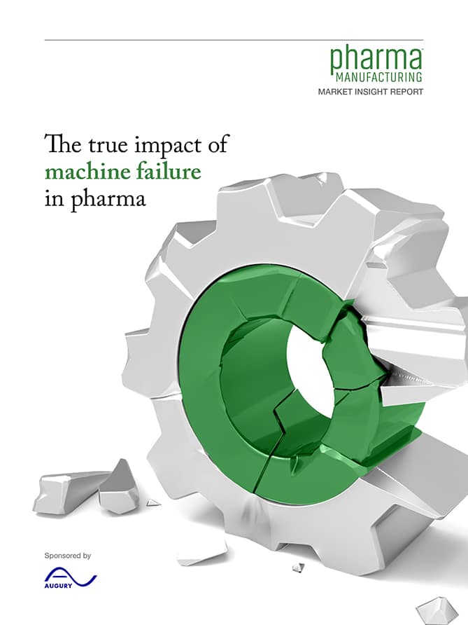 Cover of a report titled "The True Impact of Machine Failure in Pharma," featuring a broken gear with a green section. The report is by Pharma Manufacturing and sponsored by Augury.