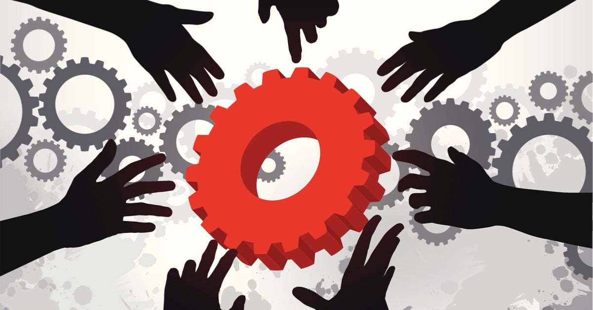 Different hands reaching for a gear. Community!