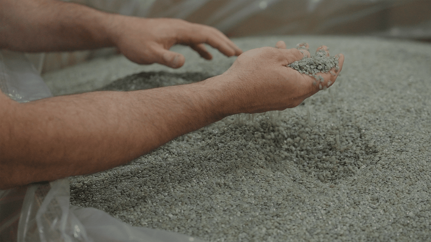A person uses both hands to sift through a large pile of small grayish granules, employing modern technology to ensure a healthier plant growth.