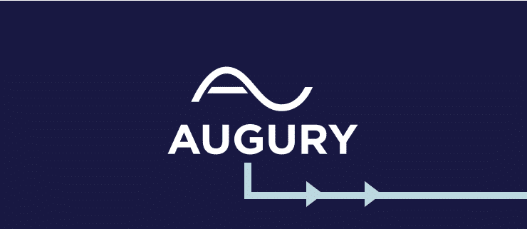 The Augury logo features a stylized wave above the word "AUGURY" on a dark blue background with a pattern of lines leading to the right, hinting at logistics and transport dynamics.