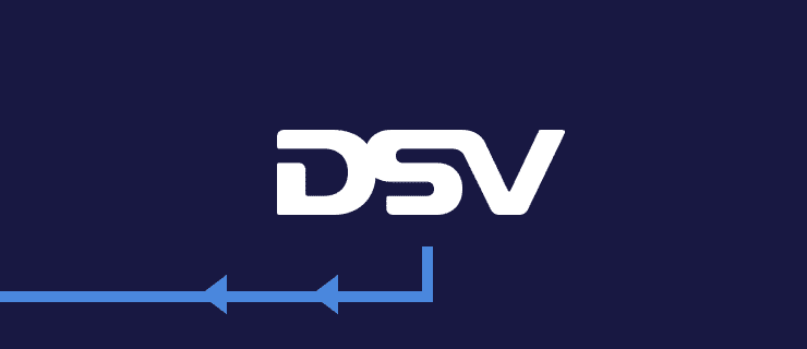DSV logo in white on a dark blue background, with a light blue arrow graphic symbolizing transport and logistics, extending from the bottom left corner.