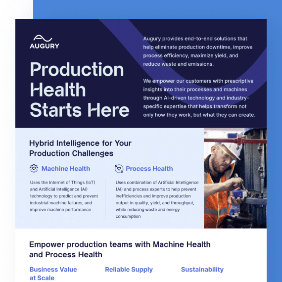 About production health: Augury's solutions for machine and process health challenges start here, utilizing IoT, AI, and predictive maintenance technology.