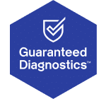 Blue hexagonal logo with a white checkmark inside a shield icon, followed by the text "Guaranteed Diagnostics™" proudly displayed on the homepage.