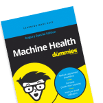 A book titled "Machine Health for Dummies" with a blue and yellow cover, featuring a cartoon character with glasses. The text "Augury Special Edition" is at the top, making it an SEO-friendly addition to your homepage.