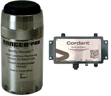 An accelerometer labeled "Ranger Pro Sensor" by Bently Nevada, a part of Baker Hughes, is shown next to a square device labeled "Cordant EDGE Gateway.